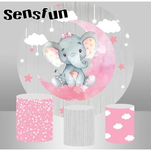 Round Circle Elephant Girl Baby Shower Newborn Backdrop Pink Moon Star Clouds Birthday Party Photography Background Plinth Cover