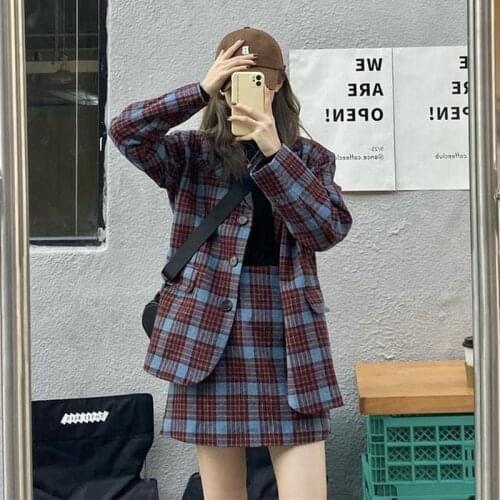 Fashion Two-piece Suit Women Winter New Style Korean Colorblock Plaid Woolen Blazer + High Waist A-line Skirts Sets Female