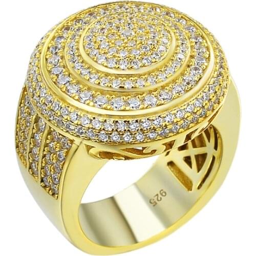 OTIY S925 Hip Hop Jewelry Round Iced Out Ring 18K Gold Plated Ring Diamond Crystal CZ Bling Ring For Men free shipping
