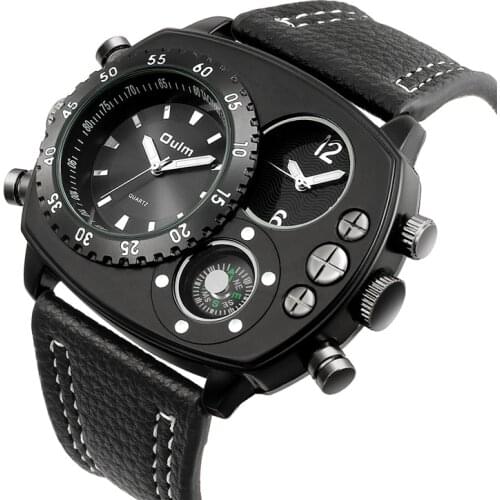 Oulm 9865 Two Time Zone Antique Men Wristwatch Genuine Leather Strap Watches Big Dial Quartz Clock Male Watch Relogio masculino