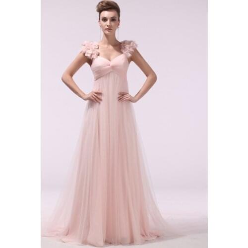 Peach Prom Dresses 2020 Long Chiffon 3D Flowers Evening Dress Empire Twisted Floor Length Party Dress With Train Wedding Guest D