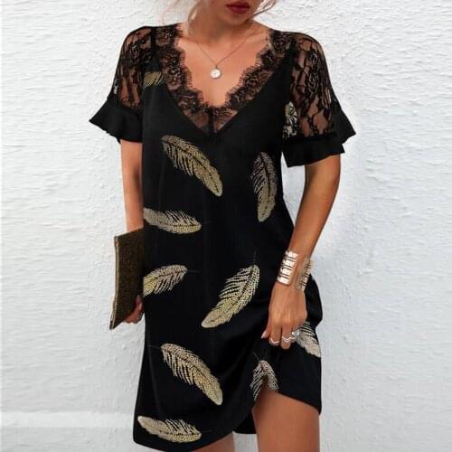 Women Robe Femme Summer Flower Leaves Print A-Line Dresses Patchwork Lace V-Neck Short Sleeve Dress For Woman Vestido De Mujer