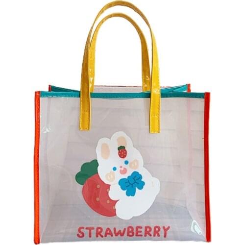 Transparent Jelly Shopping Handbag Cartoon Bear Rabbit Print Rainbow Shoulder Bag Women Beach PVC Large Capacity Tote