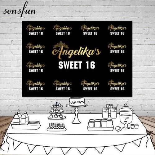 Sensfun Sweet 16 Party Decorations Backdrop Gold Name Girls Birthday Party Black Step And Repeat Backgrounds For Photo Studio