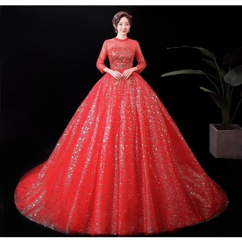 Wedding Dresses Illusion O-Neck Full Sequined Embroidery Tulle Lace Backless Luxury Red Train Vintage Women Bridal Gown FB609