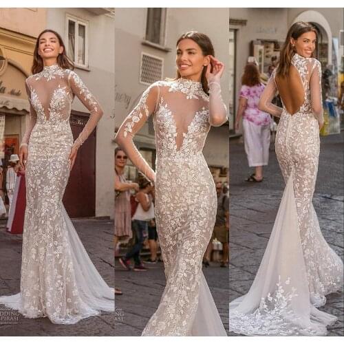 2020 Stand-up Collar Wedding Dresses Lace Sequined Applique Backless Sheath Mermaid Vestido De Noiva Custom Made Bridal Dress
