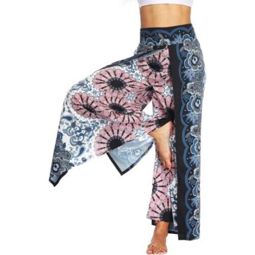 Women Bottoms Pants Retro Indian Printed Chiffon Summer Blue Bohemian Gypsy Open Wide Leg Loose High Waist Palazzo Pants Trouser