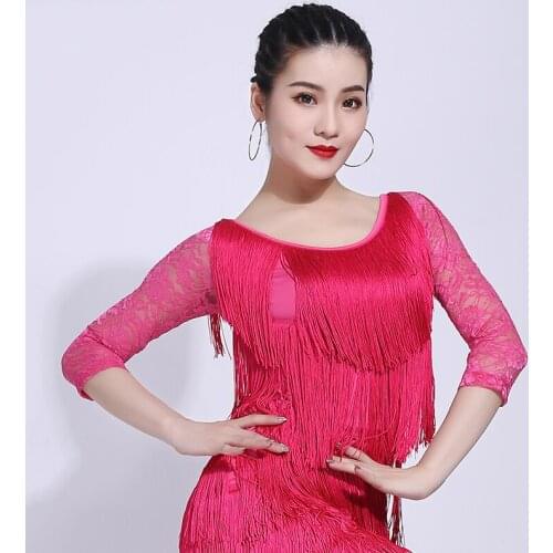 Tassel Latin Dance Top Women Fringe Top Fluorescent Pink Dance Costume Lace Sleeves Top Performance Practice Latin Dancewear 283