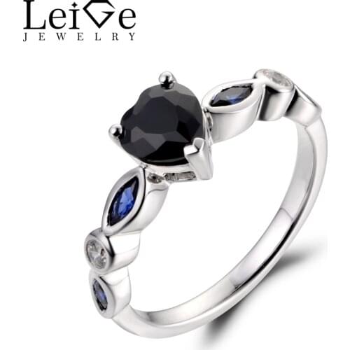 LeiGe Jewelry Natural Black Spinel Rings Unique Wedding Rings Heart Shape Black Gemstone 925 Sterling Silver Romantic Gifts