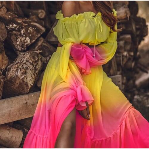 2021 Women Beach 2pcs Bikini Cover-Ups Swimsuit Off Shoulder Top+ High Waist Dresss Sexy Ladies Swimming Cover Up Bathing Suit