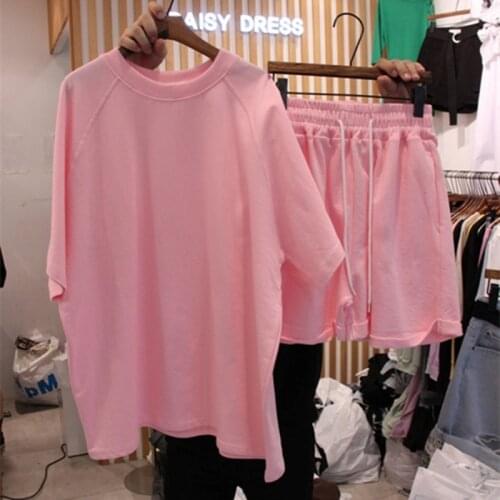 2 Piece Set Candy Color O Neck Short Sleeve Ladies T Shirts +Loose Elastic Waist Wide Leg Shorts Fashion Suits 2020
