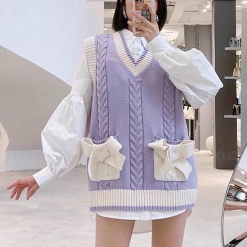 Sweet Purple Oversized Sweater Vest Women Thick Long Twist Knit Vest Tank Top 2021 V Neck Bows Pockets Sleeveless Pullover Vest