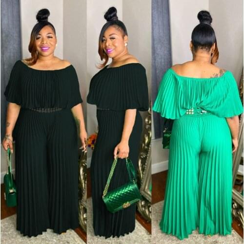 New Arrivals Women Plus Size Pleated Jumpsuits Plus Size Ladys Slash Neck Cloak Sleeve High Waist Loose Rompers 2021 Summer