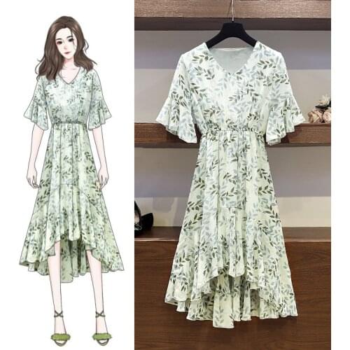 Plus size Summer dress Women korean style Vintage Version Of V-neck floral Irregular fishtail Long dresses Female vestidos