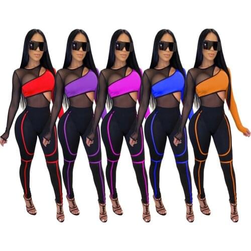 Women Fashion 2-piece Yoga Outfit Set Long Sleeve Mesh Hollow Out Patchwork Playsuit and Elastic Pants Set for Sports Fitness