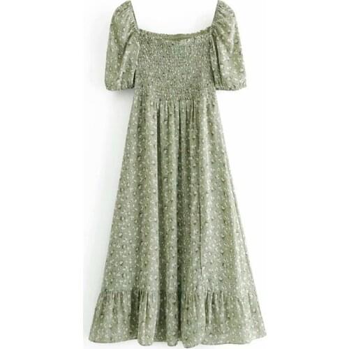 2021 New Summer Dress Woman Short Sleeve Midi Dress Spliced Ruffles Hem Chiffon Vacation Dress