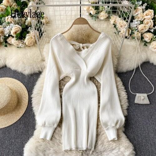 Ins Fashion Sexy Mini Bodycon Dress Women 2021 Autumn Winter Elegant High Waist Batwing Sleeve Knitted Sweater Dress