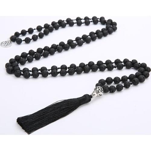 8mm Black Lava Stone Beaded Knotted Necklace 108 Japa Mala Rosary Meditation Yoga Blessing Jewelry Tibetan Buddha Head Pendant