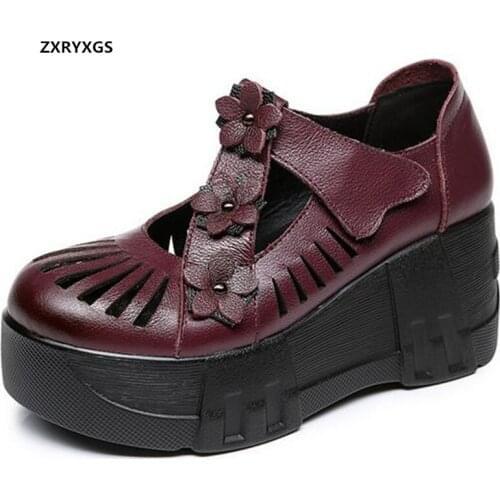 2021 New Spring Comfortable Classic Flowers Genuine Leather Shoes Platform Wedges Breathable Sandals Women Shoes High Heels