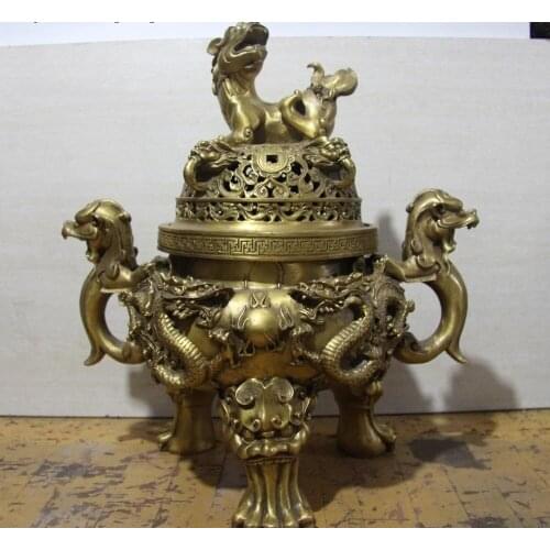 China Pure Brass Copper Foo Dog Lion Two Dragon Play Bead Incense Burner Censer