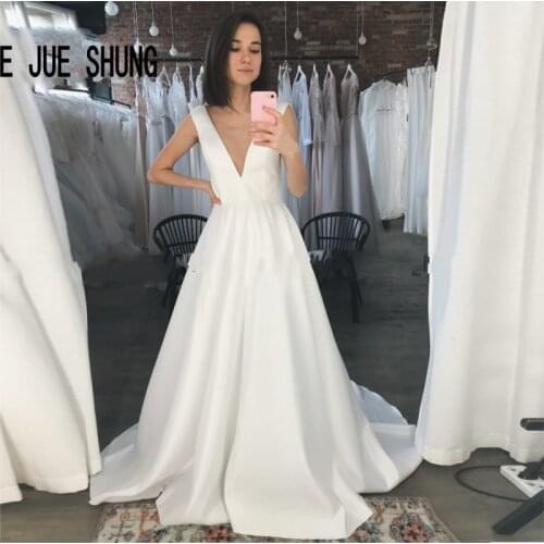 E JUE SHUNG Sexy Deep V Long Wedding Dress Sleeveless Backless Simple A Line Satin Boho Bridal Dress Vestido de Novia