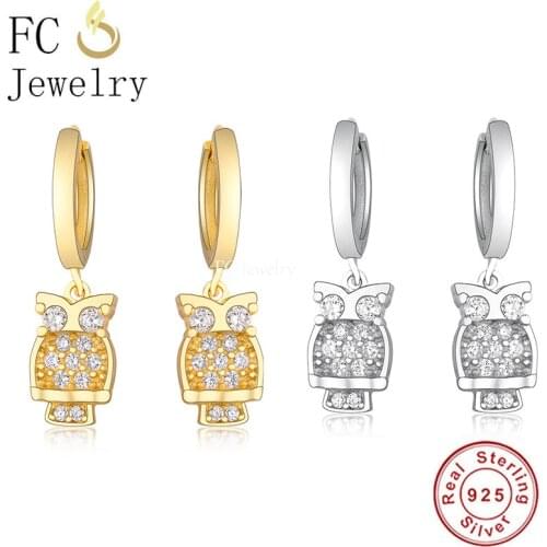 FC Jewelry 925 Silver Gold Color Baby Owl Pendant Hoop Earring With Zirconia Crystal For Women Pendientes Boucles Doreilles 2020