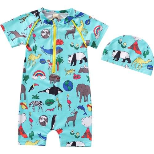 Boys Swimwear Toddler Baby Kids Girls Zipper Cartoon Animal One-piece The Beach Boys Swimwear+hat Sets Купальник Детский 2021