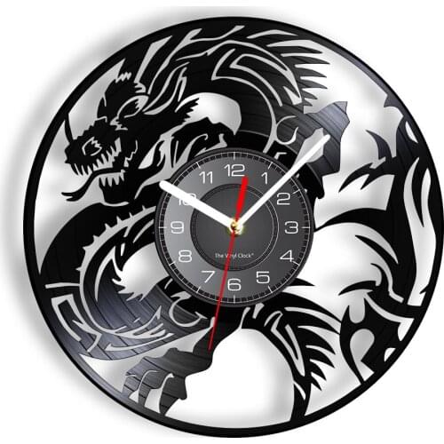 Flying Evil Dragon Vinyl Music Record Wall Clock Legend Exotic Animals Spiritual Symbol Decor Medieval Fantasy Artwork Watch