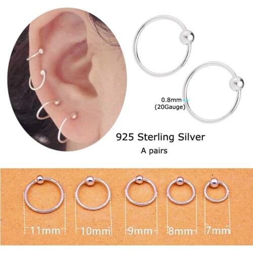 A Pairs 925 Sterling Silver Hoop Earrings Captive Bead Ring Nose Ear Tragus Piercings 20 Gauge