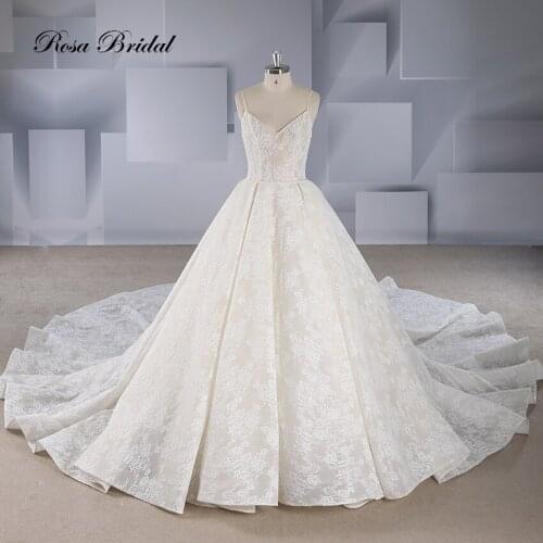 Rosabridal Ball Gown Wedding Dress China Guangzhou V Neck Spaghetti Straps Lace Beading lace up dress with court train tail