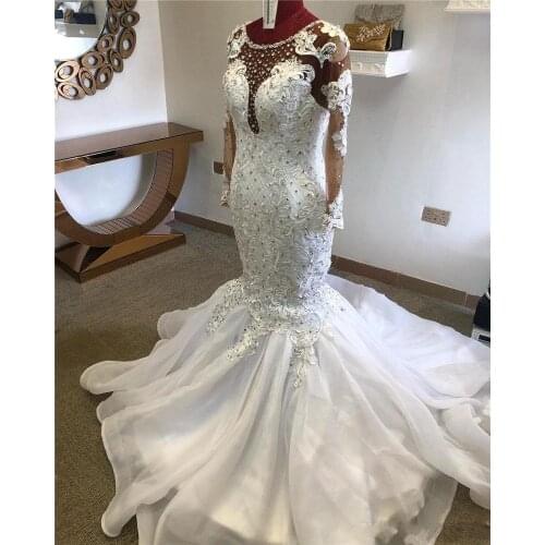 Luxury Crystal Beaded Mermaid Wedding Dresses Vintage Long Sleeves African Lace Appliqued Bridal Gown Customed Abendkleider