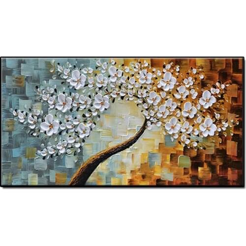 Hand painted Canvas painting thick oil white flowers wall decor hanging picture for living room home decoration no framed