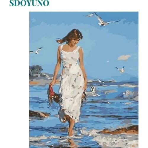 SDOYUNO 60x75cm Paint By Numbers Seascape And Women DIY Painting By Numbers On Canvas Figure Frameless Digital Hand Painting
