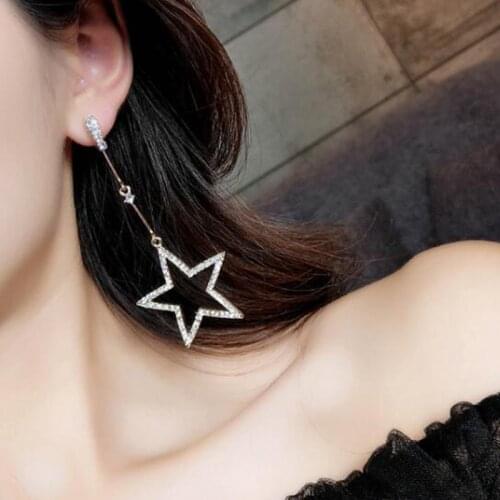Korean Trendy Star/Moon Asymmetric Dangle Earrings Womens Personality Shining Crystal Long Party Earring Oorbellen Voor Vrouwen