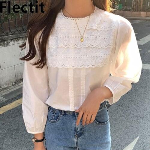 Flectit Vintage Lace Blouse With Pleats Flower Embroidery Puff Sleeve Womens Blouses & Shirts