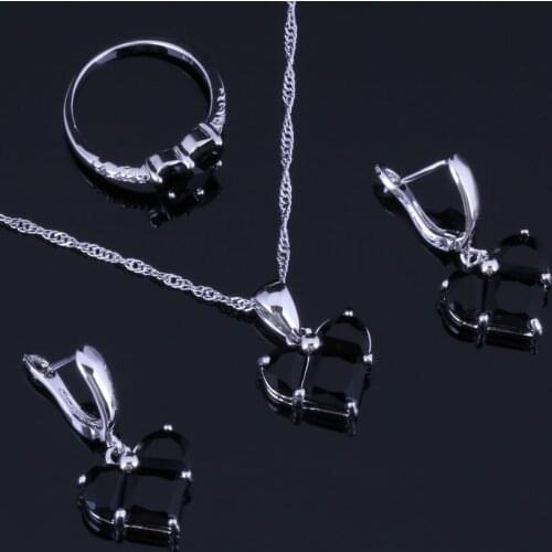 Admirable Heart Shaped Black Cubic Zirconia Silver Plated Jewelry Sets Earrings Pendant Chain Ring V0978