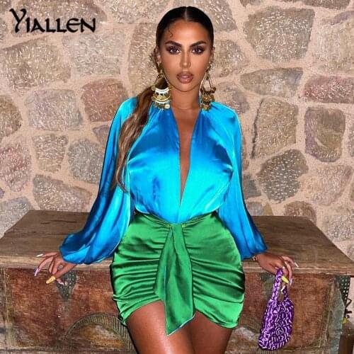 Yiallen Sexy Satin Two Piece Set Deep V Neck Top & Mini Skirts Womens 2021 New Birthday Party Club Office Summer Woman Outfit