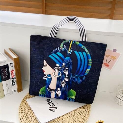 Womens bag, new shoulder bag, canvas bag, short-distance travel bag, painted ethnic style, large capacity shopping bag