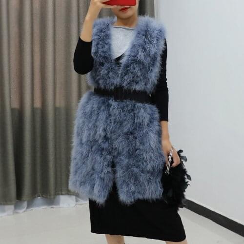 Autumn winter women long real ostrich feather fur vests slim sleeveless v-neck plus size genuine fur waistcoat 5XL 6XL A172