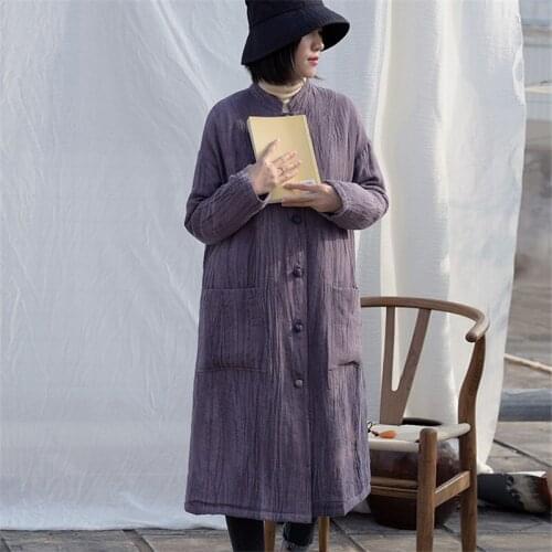 SCUWLINEN Winter Jacket Women 2020 Vintage Thick Warm Stand-collar Long-sleeve Plate Button Long Linen Parka Outerwear S1019