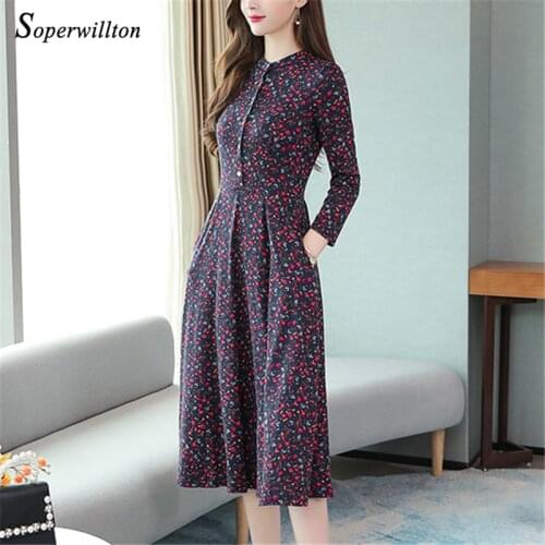 Plus Size Elegant Floral Dresses For Women Red Green Midi Party Dress Button vintage 2020 Autumn Woman Dress High waist M-4XL