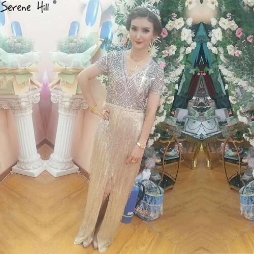 Serene Hill Gold Mermaid Elegant Evening Dresses Gowns Luxury Tassel Beading Short Sleeves Formal Women Party LA70785