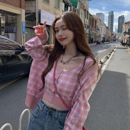 Fashion Pink Plaid Cardigan Sweaters Women Autumn New Loose Long Sleeve Tops Chic Korean Wild Camisole 2 Piece Sets Sweet Gentle
