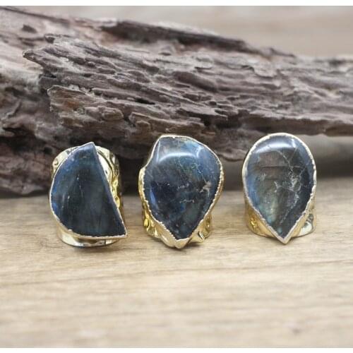 Natural Labradorite Band Ring Healing Stone Gems Quartz Golden Resizable Finger Rings Fashion Men Jewelry Dropshipping,QC4068