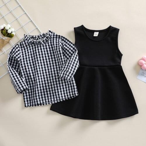 Citgeett Summer Kids Girls 2pcs Dress Clothes 1-5Y Ruffles Collar Plaid Printed Long Sleeve T Shirts+Solid Sundress Set