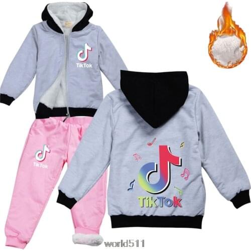 Tik Tok Winter Trend Childrens Suit Autumn Boys Hoodie + Sweatpants Two-piece Fur Girls Sports Clothes birthday gift