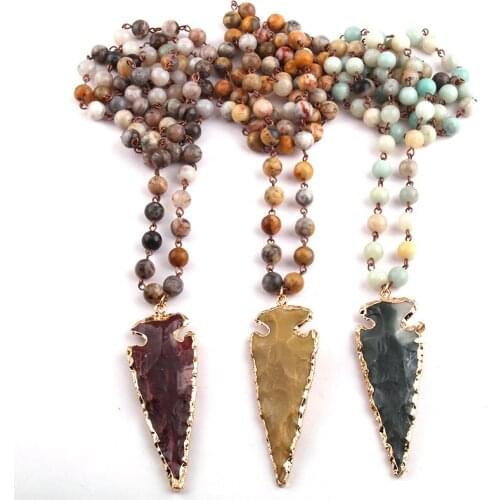 MOODPC Fashion Crazylace Bohemian Jewelry Rosary Chain Arrowhead Pendant Necklace Natural Stone Halsband