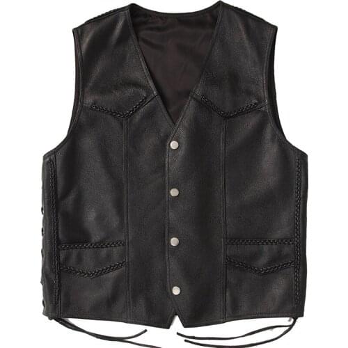 Mens Leather Vest Motorcycle Biker Club Cow Genuine Leather Vest Waistcoat Black High Quality