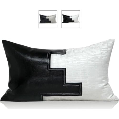 Home Decorative Cushion Cover PU Leather Black White Patchwork Pillowcase For Living Room Sofa Waist Pillows 30x50cm