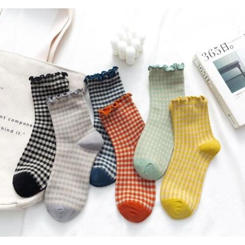 Lolita Autumn And Winter Womens Socks Korean Retro Candy Color Plaid Cute All Match Tube Socks Girl Wood Ear Cotton Socks